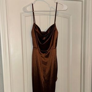 Elegant Brown Cowl Neck Satin Dress